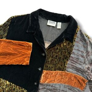 Chicos Design 2 Lg. Black Brown Leopard Patchwork Burnout Velvet Silk Blouse Y2K